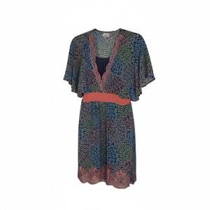 Flying Tomatoes V-Neck Floral Print Colorful Boho-Chic Dress Flutter sleeve Med.